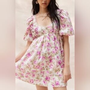 For Love & Lemons Milani‎ Floral Back Tie Cut-out Puff Babydoll Mini Dress Small
